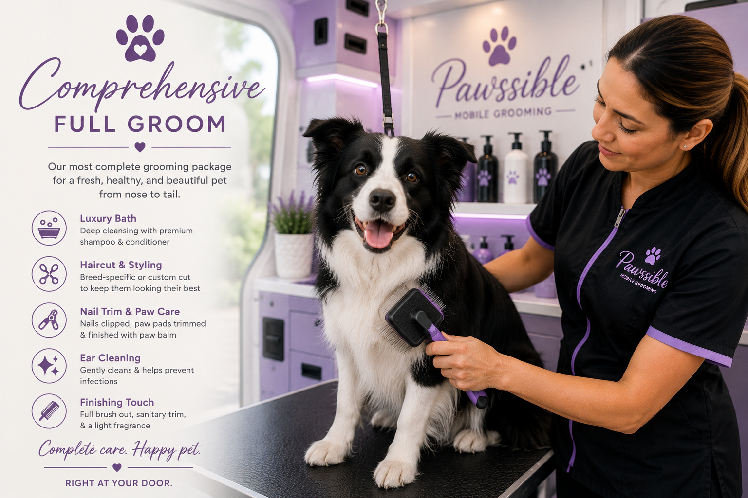 A dog groomer is brushing a black and white Border Collie inside a mobile pet grooming van. The van has purple branding with paw print logos, and a list of grooming services is displayed on the side.