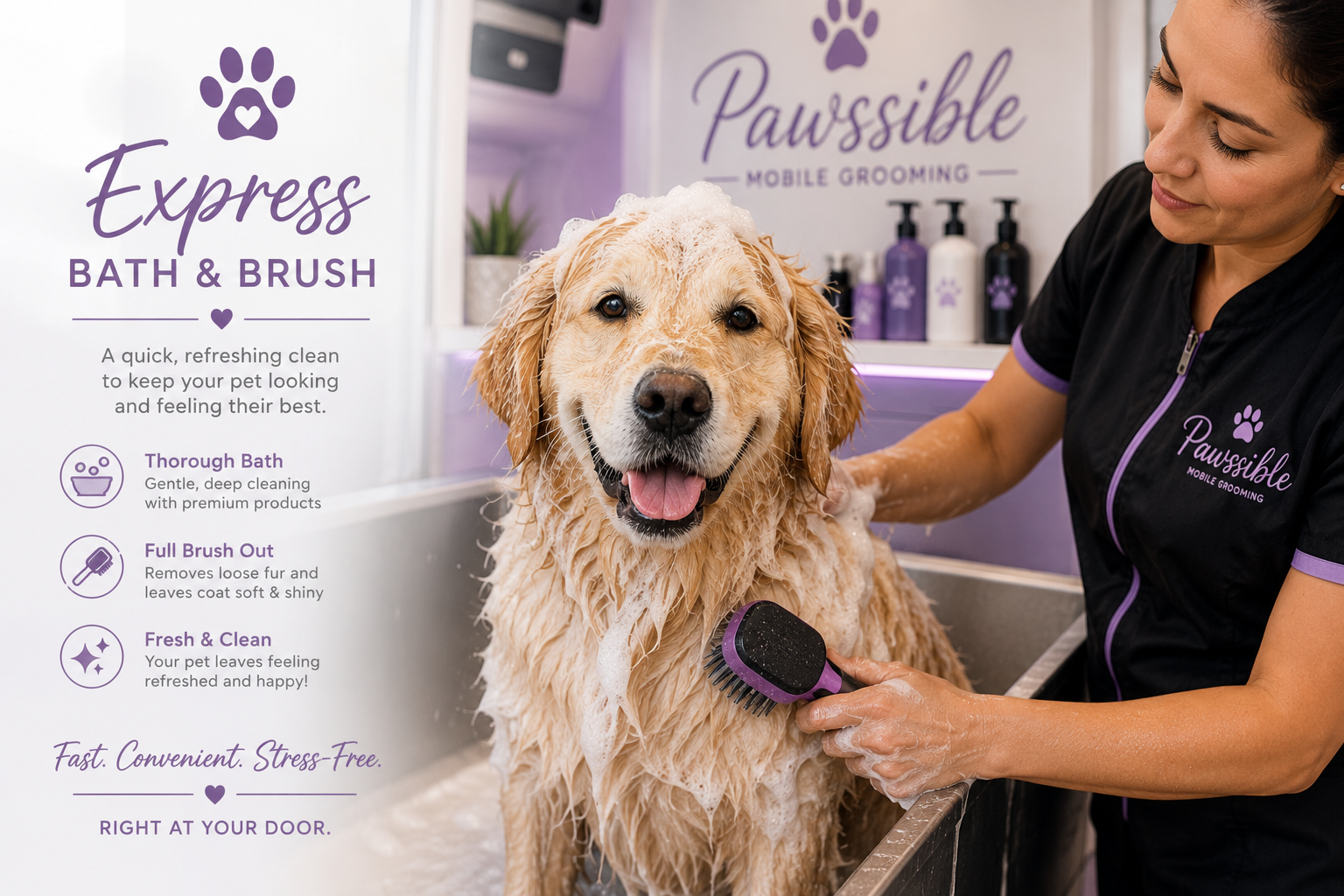 A woman giving a golden retriever a bath at a pet grooming salon. The dog is covered in soap and smiles while being brushed. The salon's branding 'Pawsible Mobile Grooming' is visible on the wall and uniform, with purple and white bottles in the background.