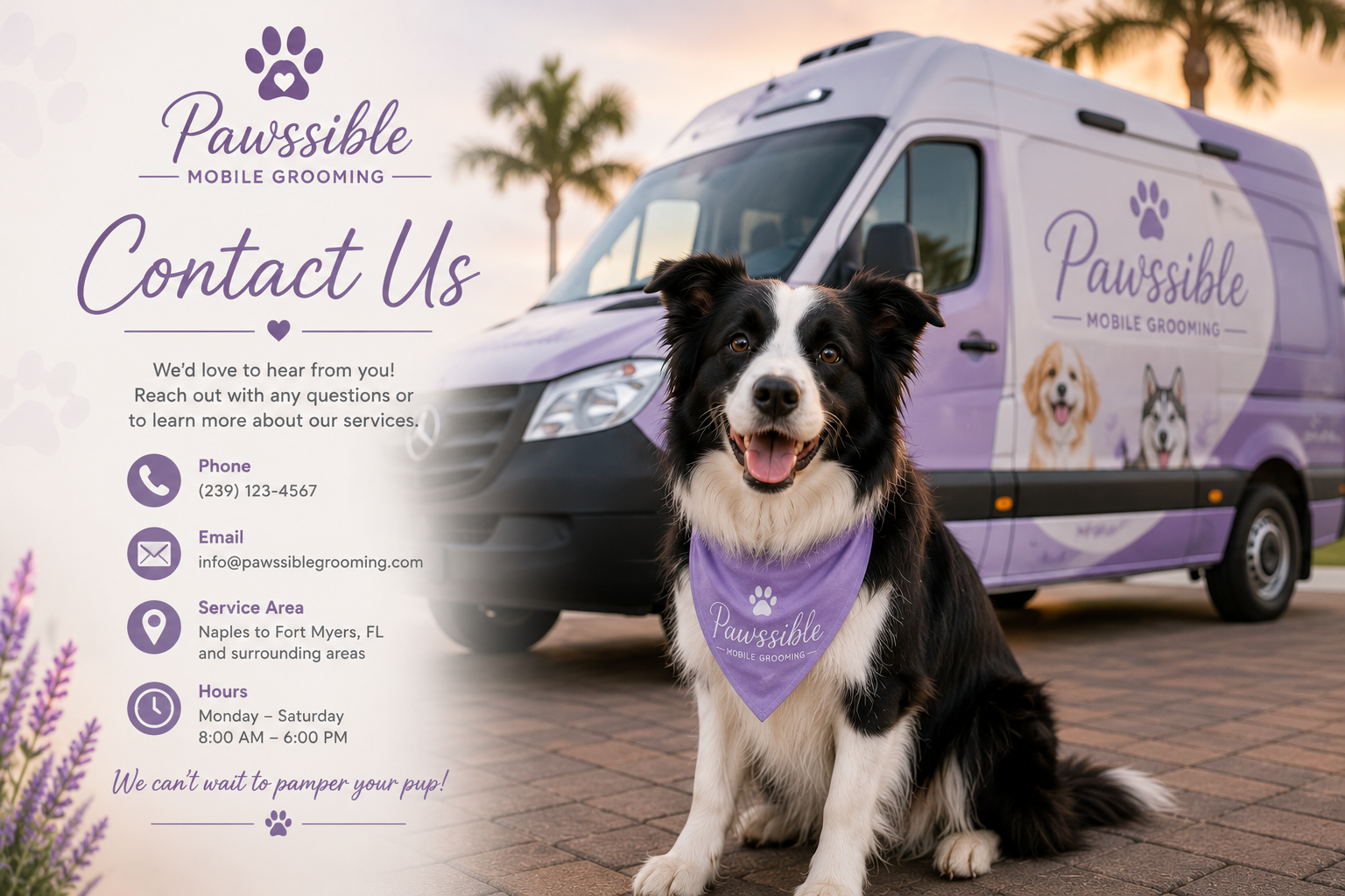 Poster for Pawssible Mobile Grooming with contact information and a photo of a happy black and white dog wearing a purple bandana, sitting in front of a purple mobile grooming van with images of dogs and palm trees in the background.