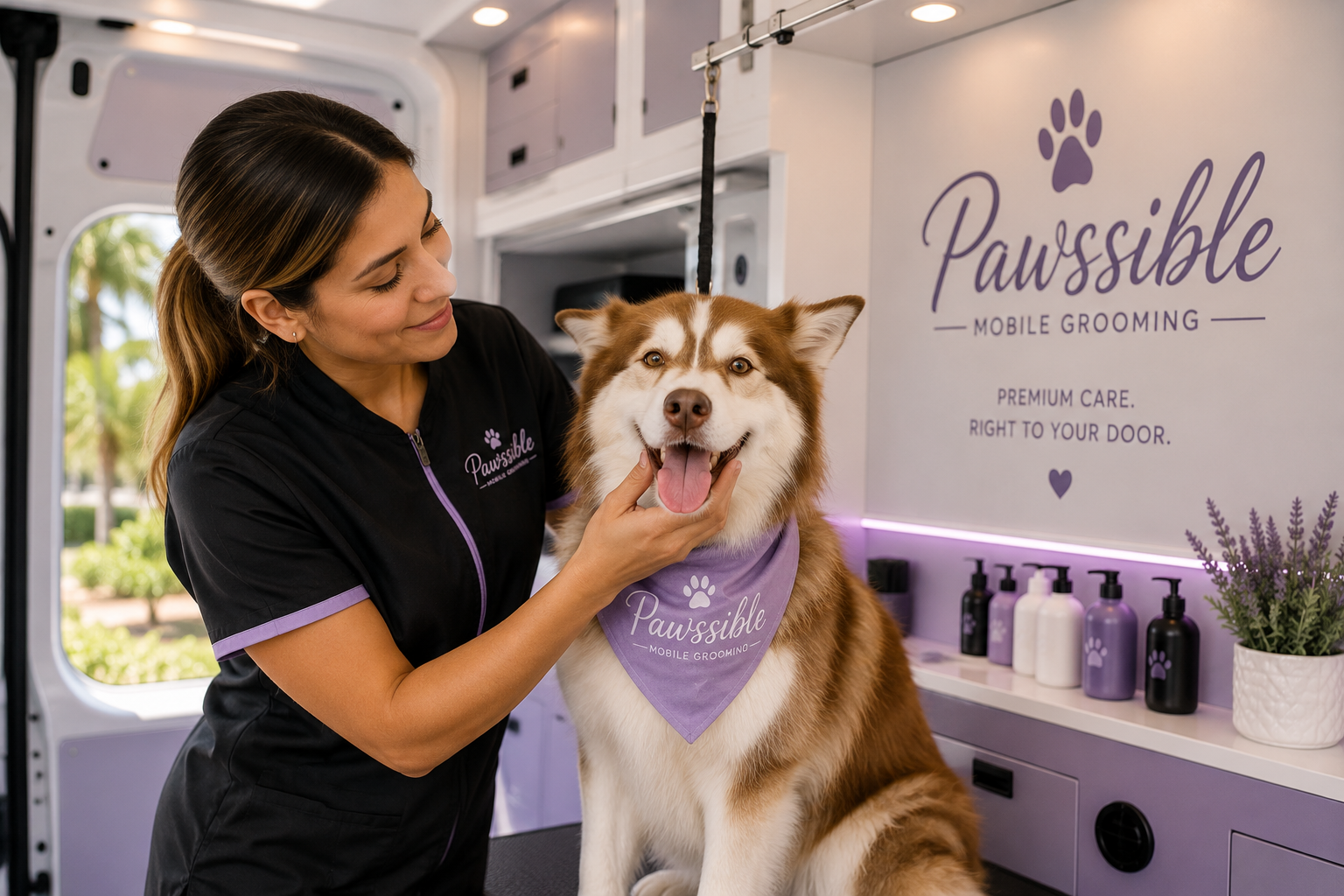 A woman grooming a happy Siberian Husky inside a mobile pet grooming van, with signage for "Pawssible Mobile Grooming" and bottles of grooming products visible in the background.