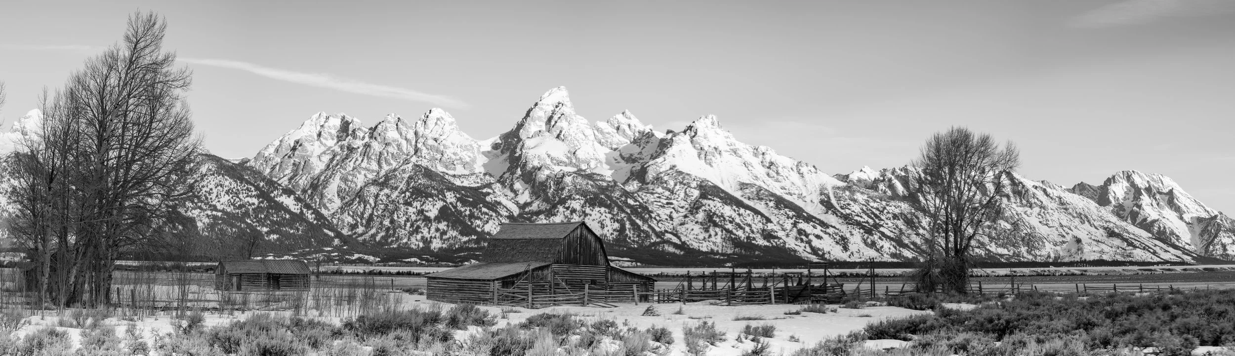 Black and white photo of snow-covered mountains in the background, with a few leafless trees, and rustic wooden barns and fences in the foreground.