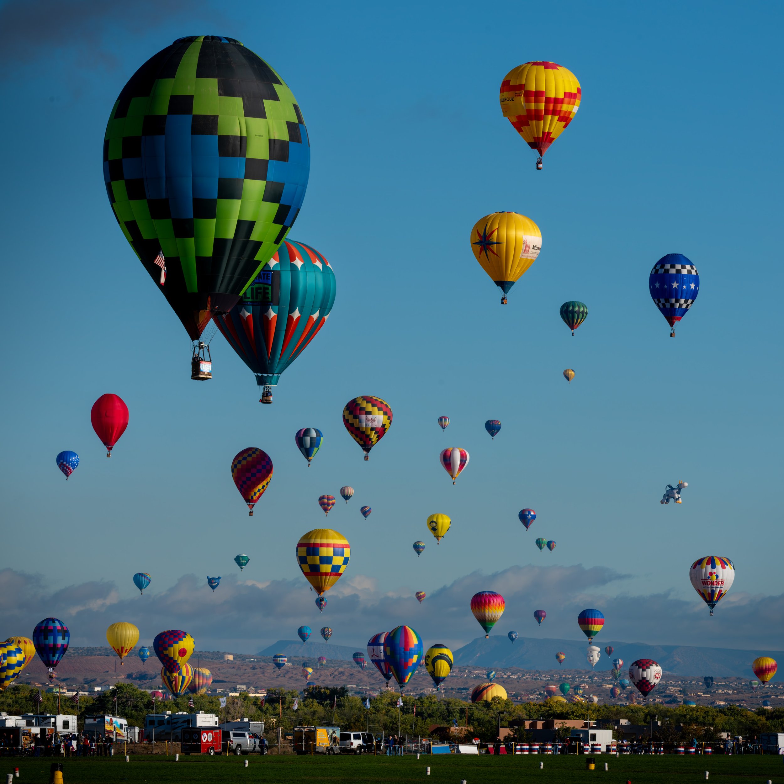 Numerous hot air balloons in various colors and patterns floating in a clear blue sky during daytime, with a crowd and vehicles visible on the ground below at a hot air balloon festival.