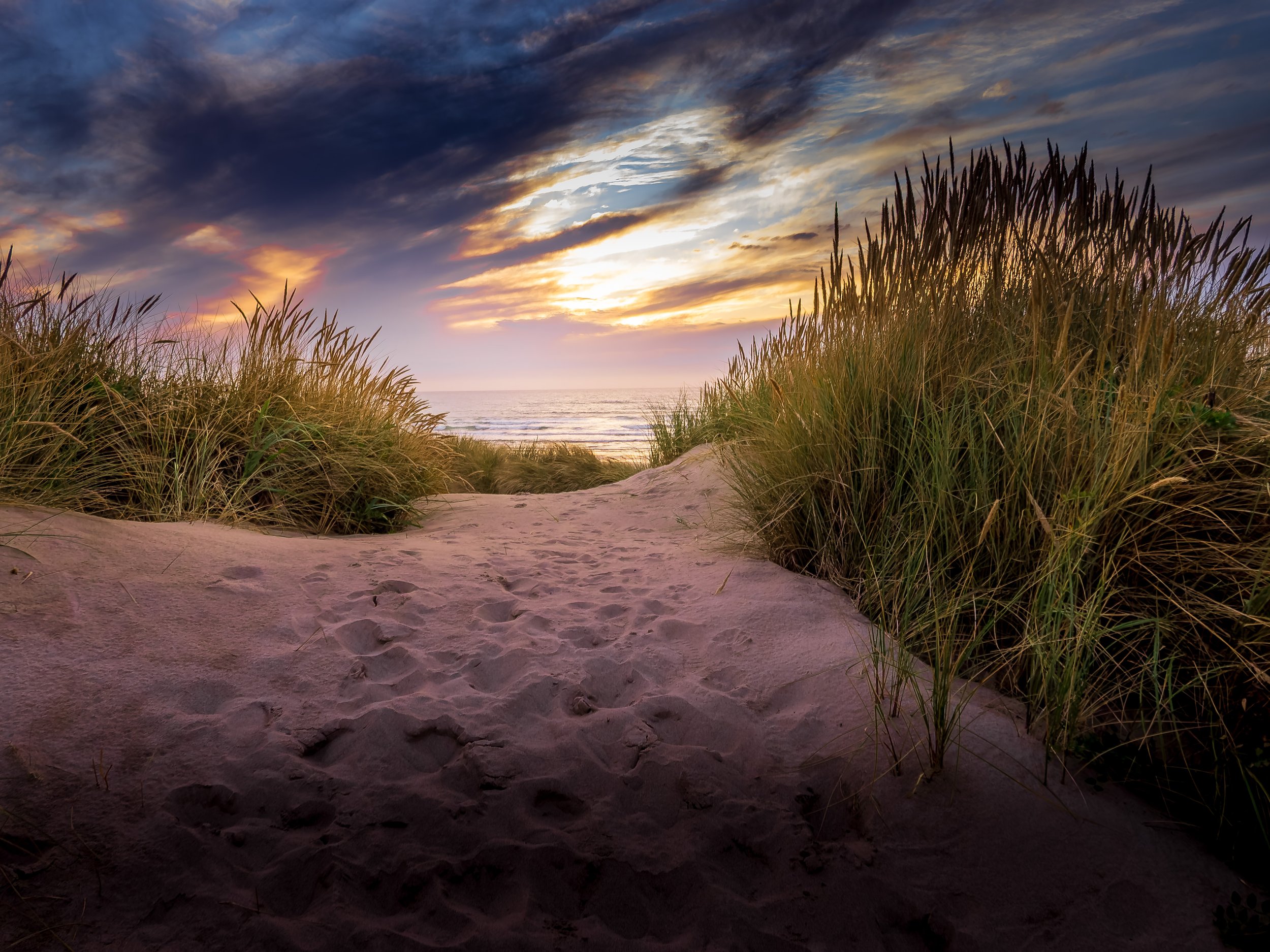 Beach scene at sunset with sand, tall grasses, the ocean, and a sky with dark clouds and bright sunlight breaking through.