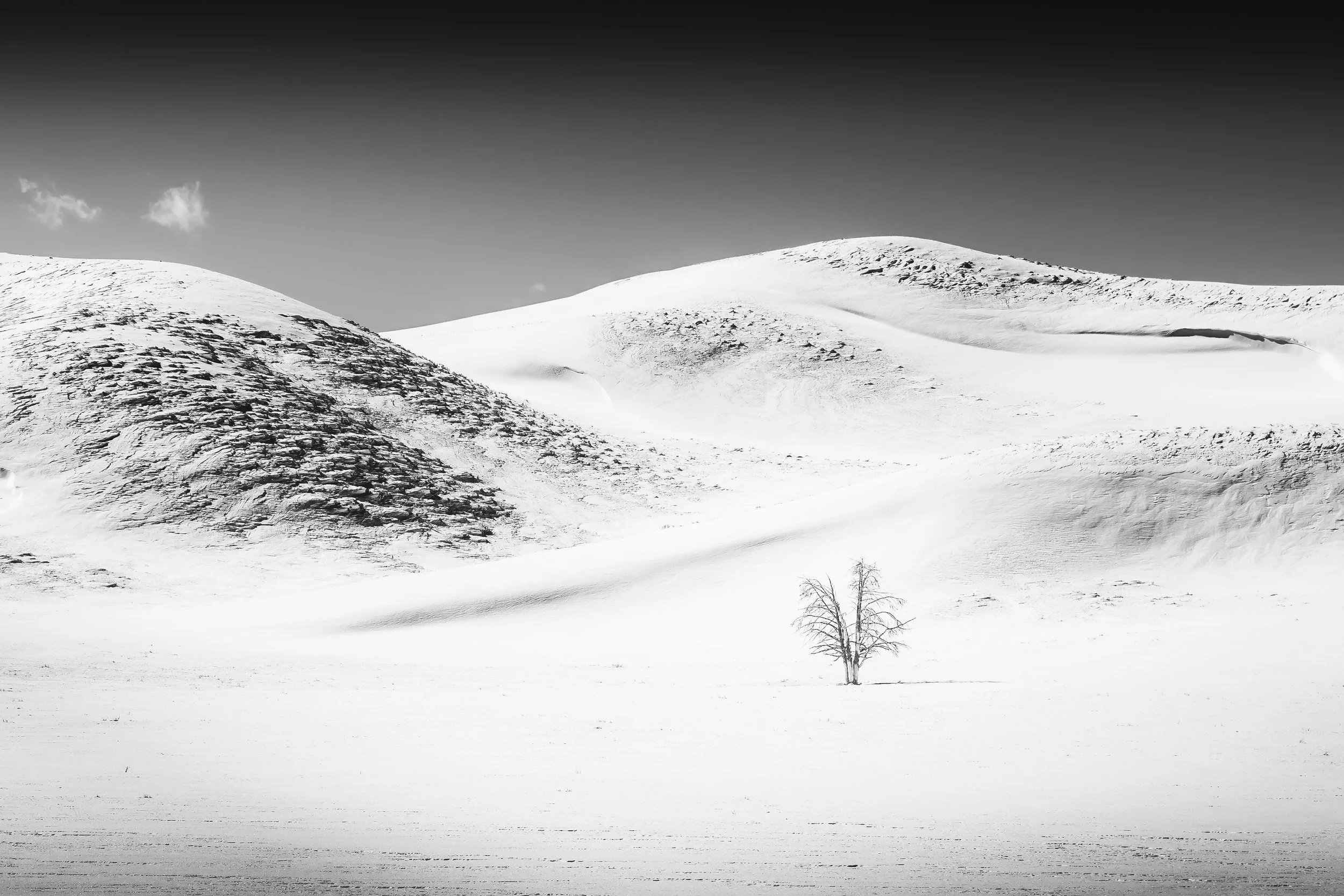 Snow-covered hills with a bare tree in the foreground and a clear sky with a few clouds.