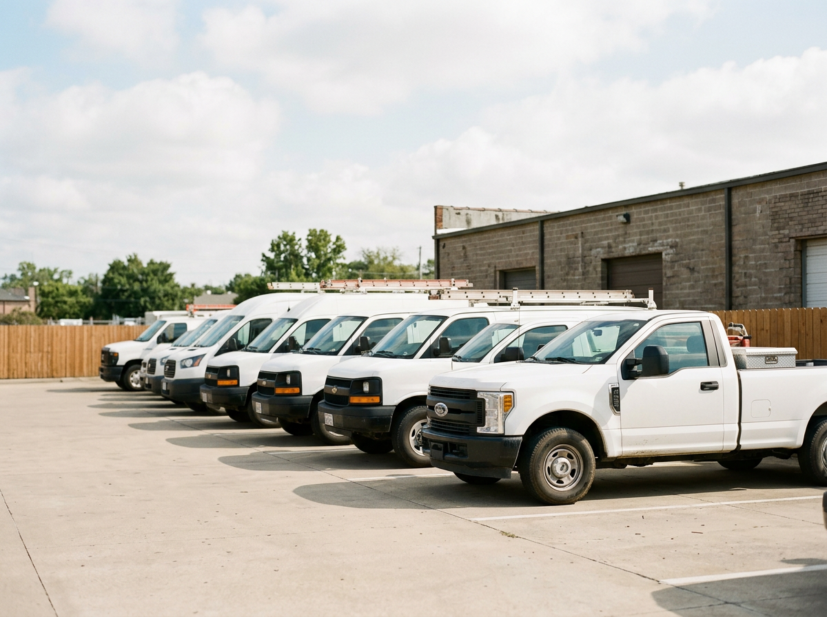 Line of white work trucks parked in a lot with a brick building in the background.