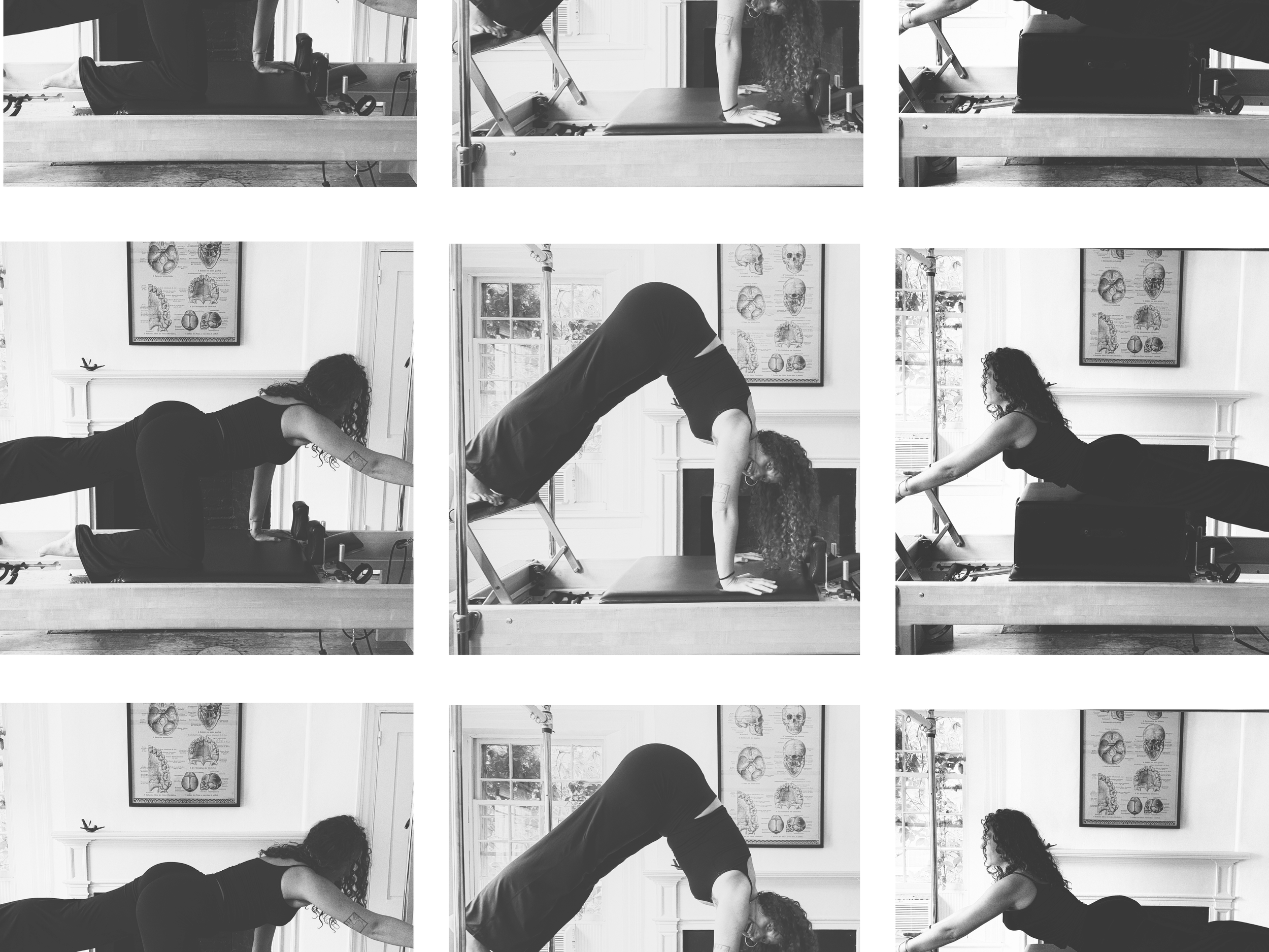 Kiki doing Pilates birddog, pike and swan poses on a reformer.
