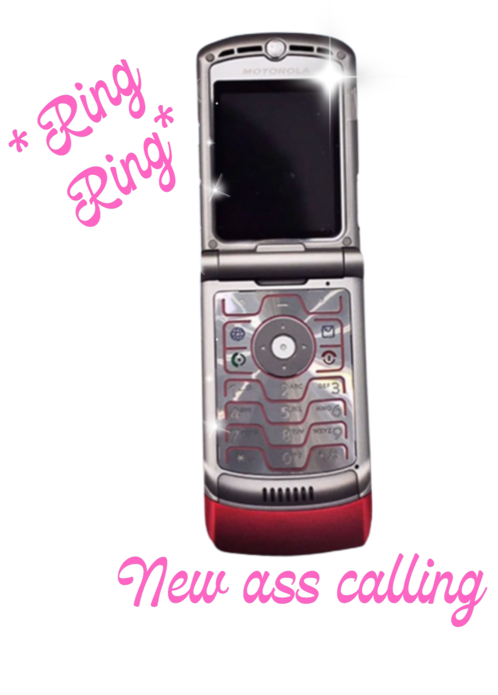 A flip phone with a silver body, red accents at the bottom, and a black screen. The phone is surrounded by white circles and lines, with pink text that says "*Ring* Ring" and "New ass calling."