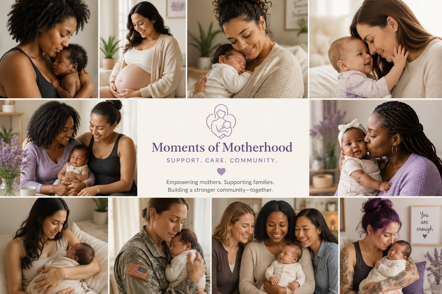 Collage of diverse women with their babies, showcasing moments of motherhood. Central text includes 'Moments of Motherhood,' 'Support. Care. Community.' with supportive messages about empowering mothers and building community.