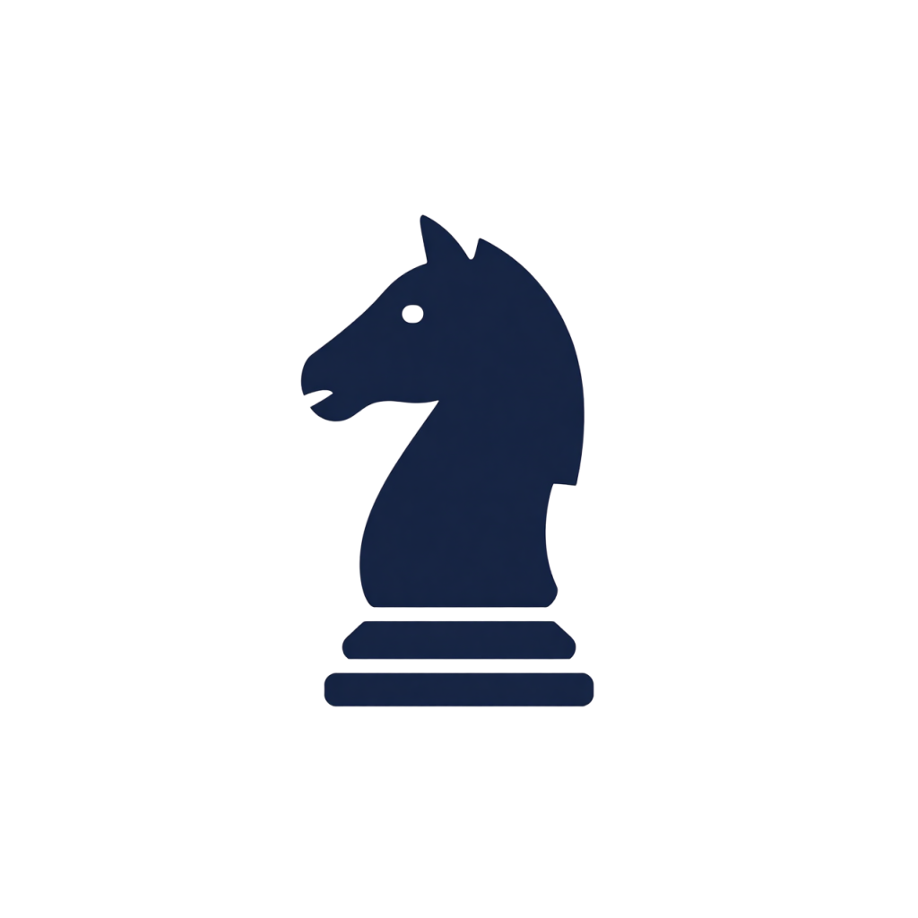 A digital rendering of a dark blue chess knight piece on a black background.
