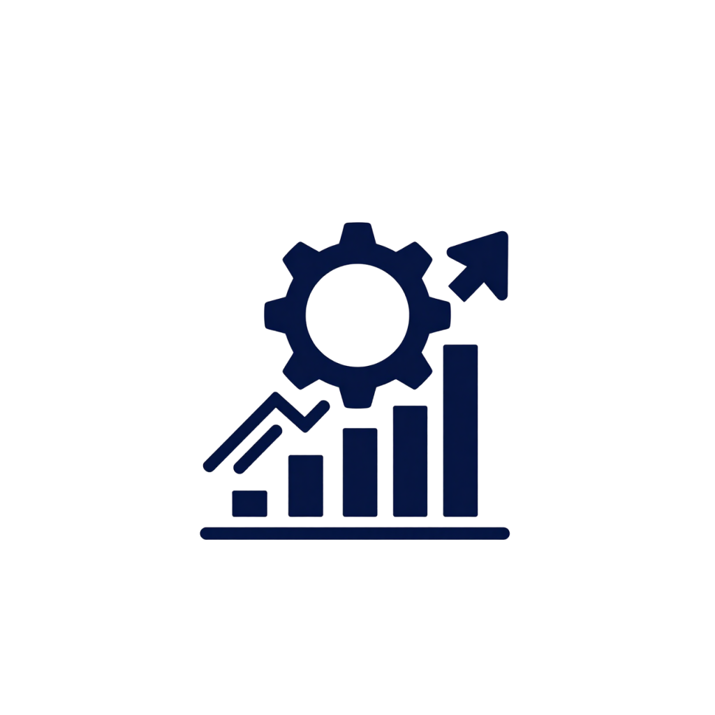 Dark blue line art of a bar graph with an upward trend, a gear, and a pencil, symbolizing growth, settings, and analysis.