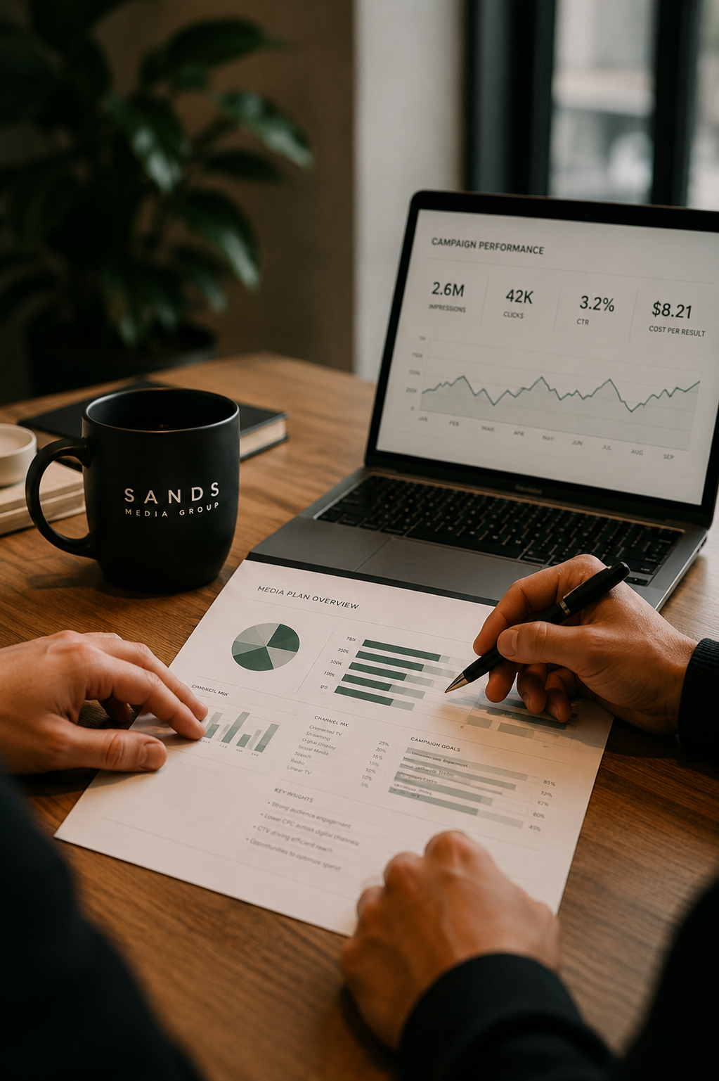 A person analyzing marketing data with printed charts and a laptop showing campaign performance metrics on a wooden desk, with a black 'SANDS MEDIA GROUP' coffee mug