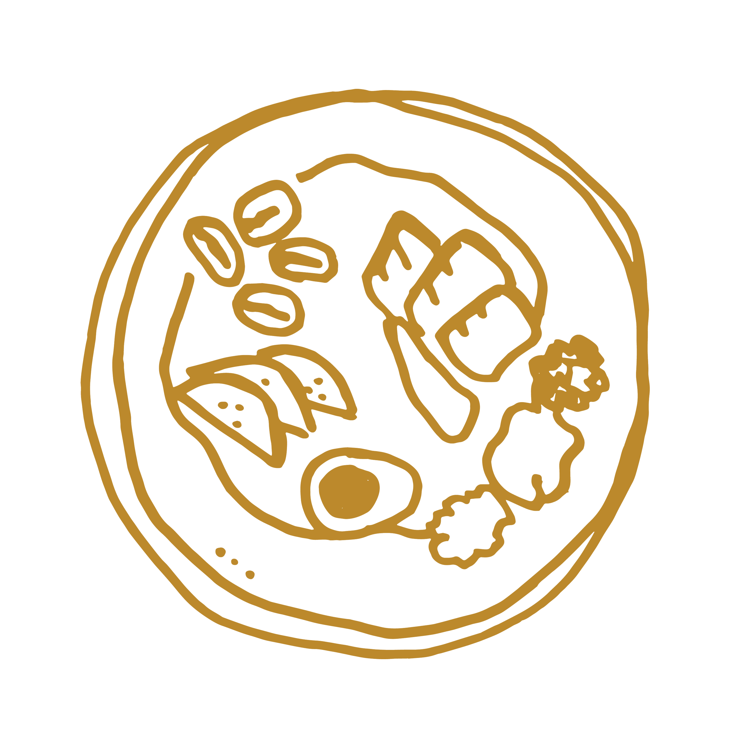 Gold line drawing of a plate of food.