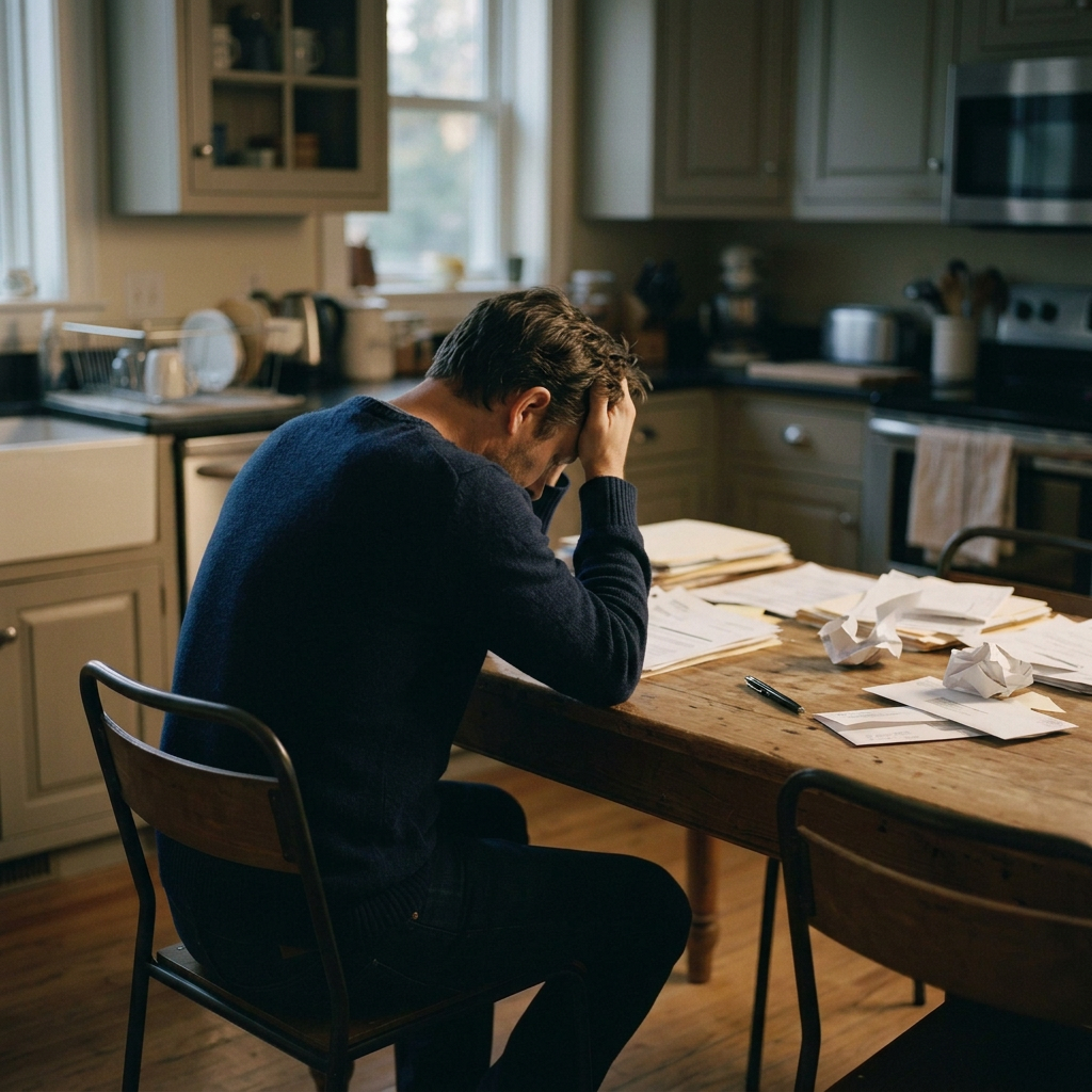 A man sitting at a wooden table in a kitchen, holding his head in frustration, surrounded by crumpled papers and cluttered papers.