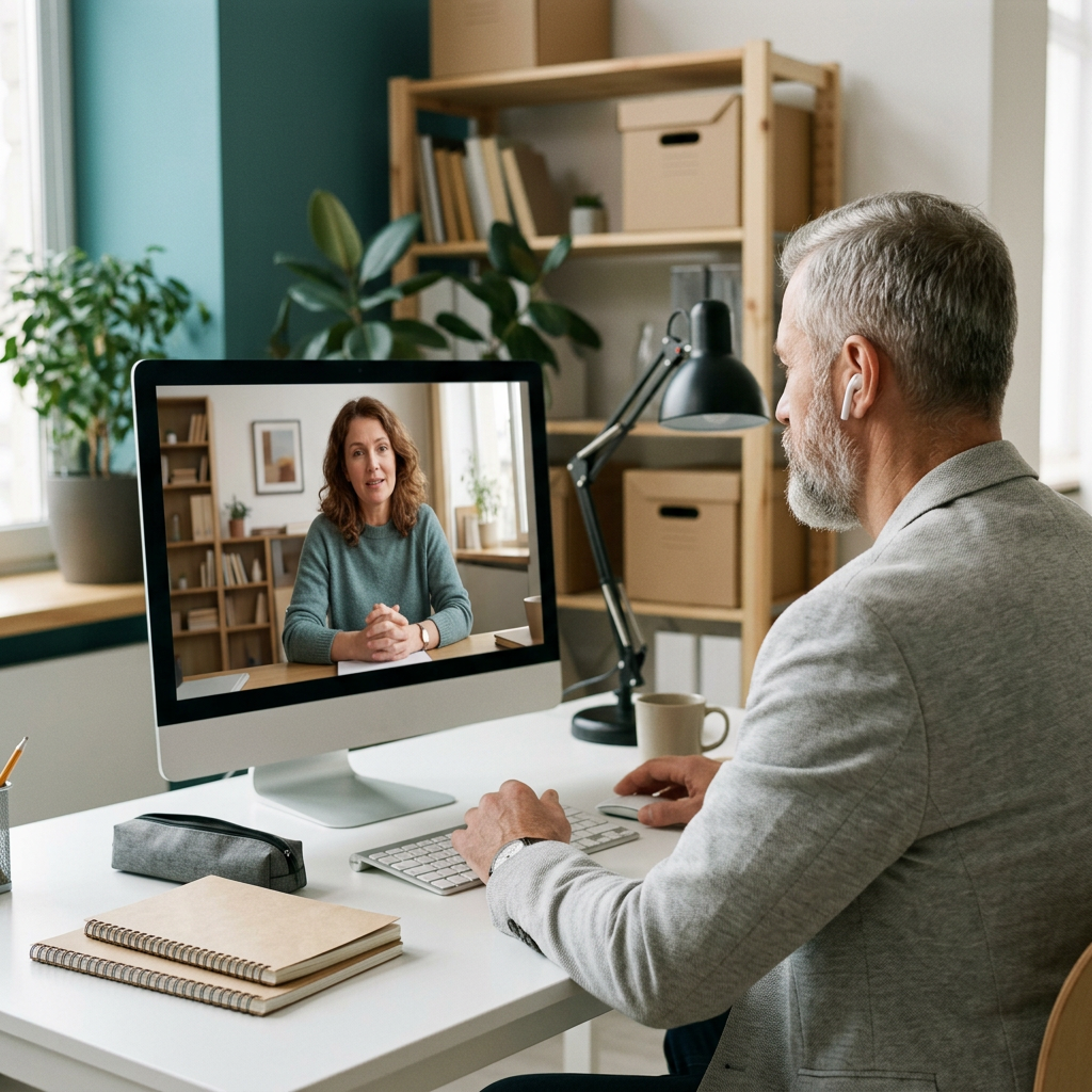 Older man with gray hair and beard, wearing a gray blazer and wireless earbuds, working on a computer at his desk during a video call with a woman. The room has natural light, wooden shelves, books, and plants in the background.