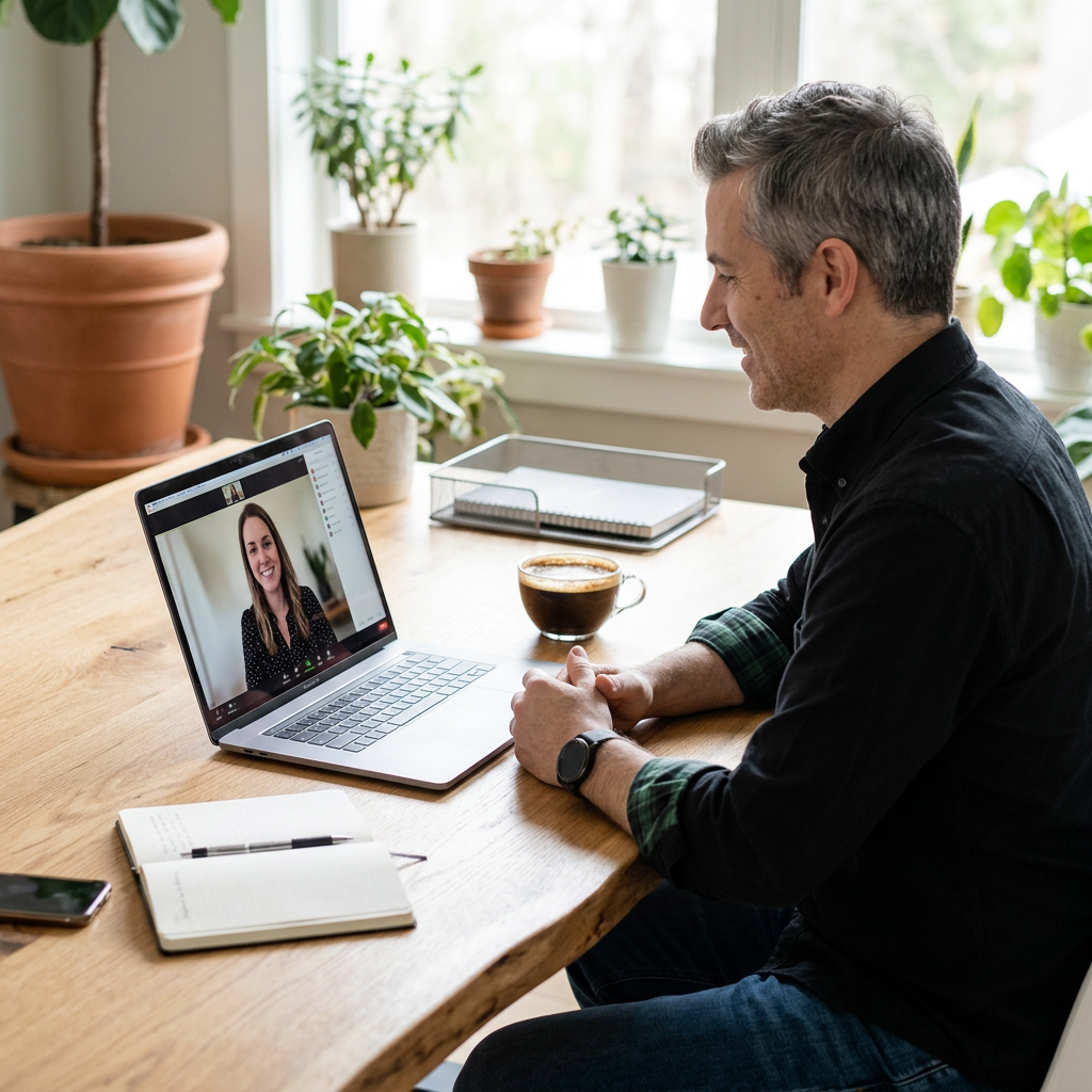 A man with gray hair is sitting at a wooden table, having a video call with a woman on his laptop. The man is smiling, and there is a coffee cup, a notebook, and a phone on the table. The room has large windows and potted plants in the background.