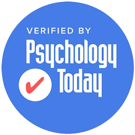 Blue circular badge with white text reading 'Verified by Psychology Today' and a white checkmark icon.