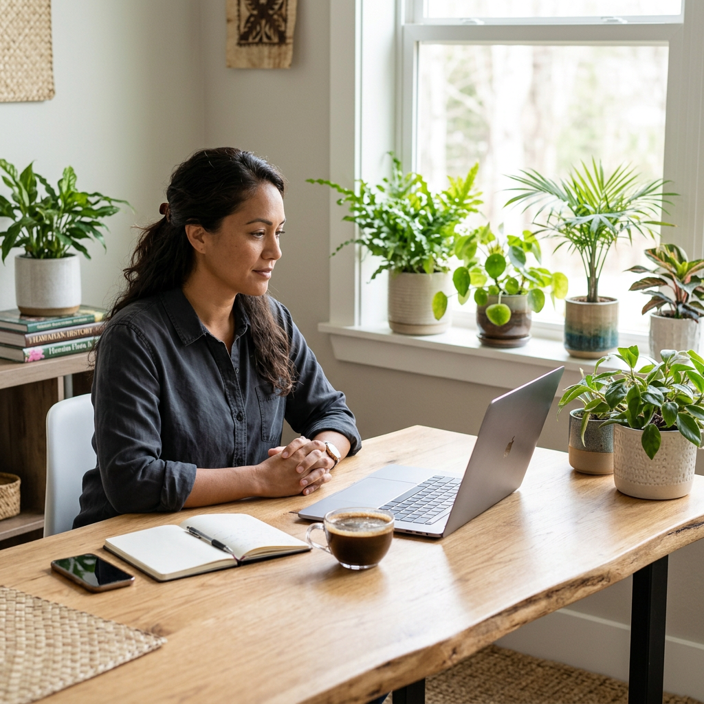 A woman sitting at a wooden table with a laptop and a cup of coffee, looking at the screen. There are several potted plants on the windowsill behind her, and a smartphone and notebook on the table.