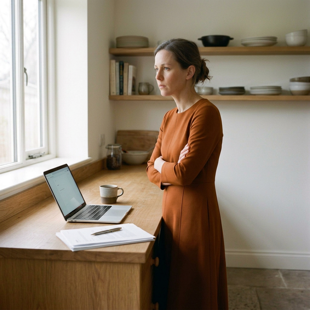Woman standing with crossed arms in a kitchen near a window, looking thoughtfully at something outside. There are a laptop, a coffee mug, and some papers on the wooden counter.