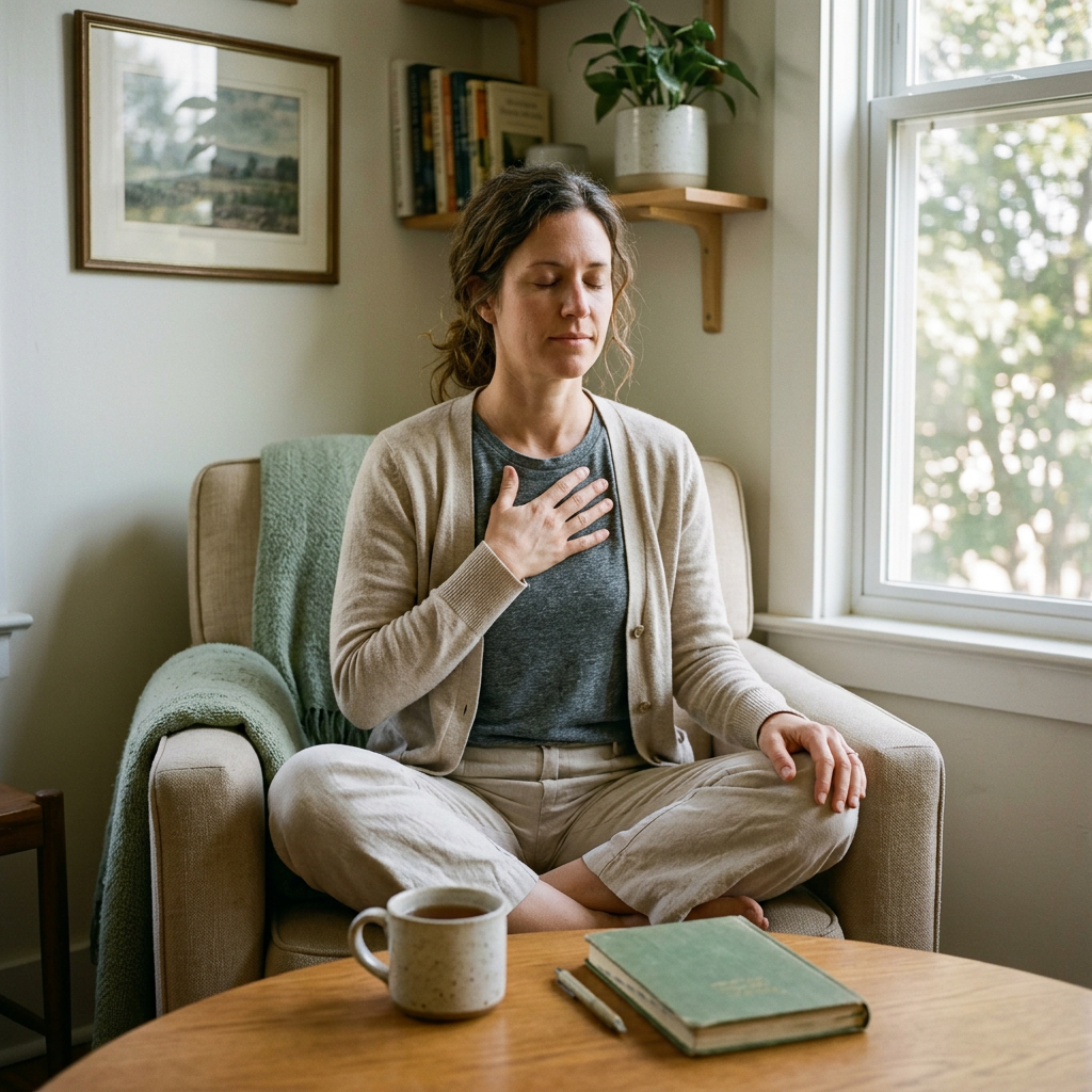 A woman sitting on a beige armchair in a living room, holding her hand to her chest with eyes closed, appearing to meditate or practice deep breathing. There is a coffee mug, a closed green book, and a pen on the wooden table in front of her, with a window and houseplants in the background.