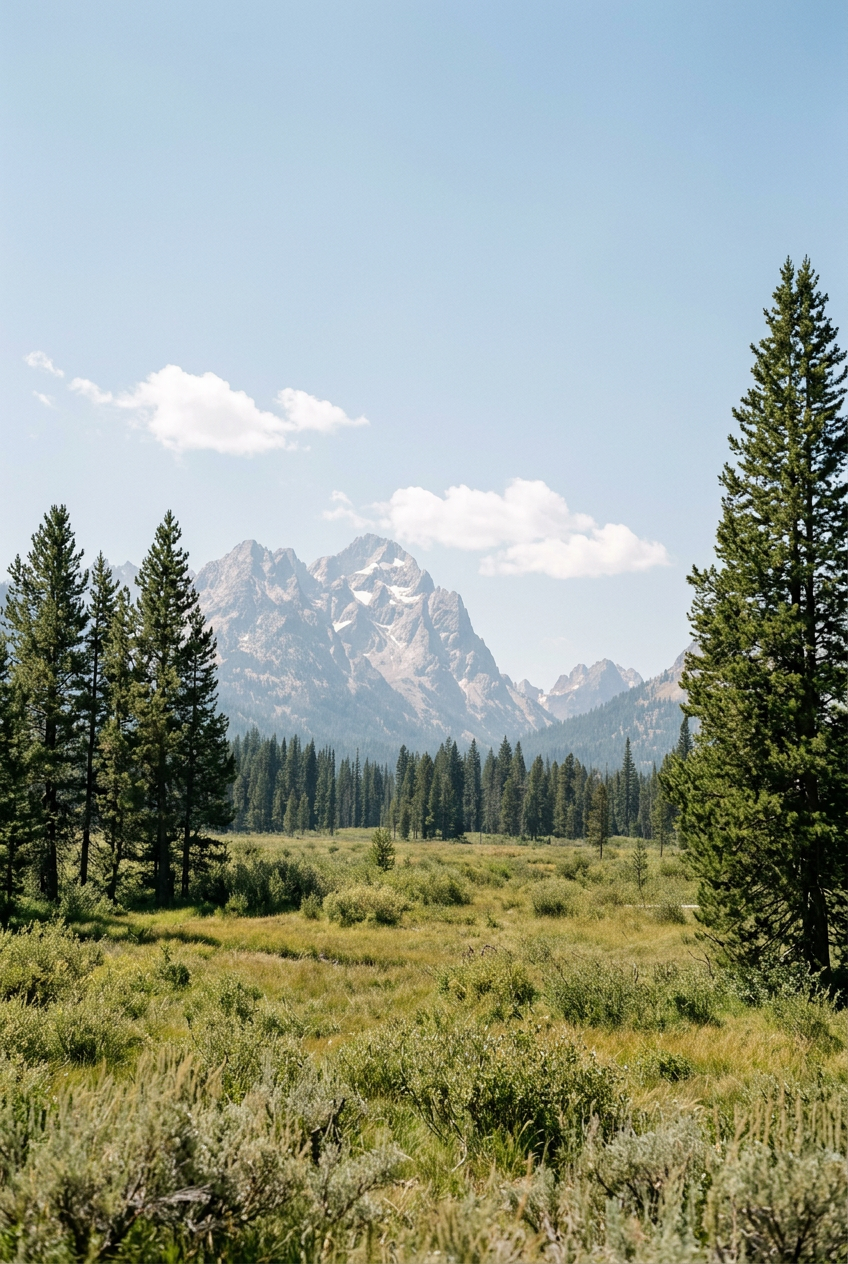 Scenic view of a mountainous landscape with tall pine trees, a grassy meadow, and rugged mountain peaks in the background.