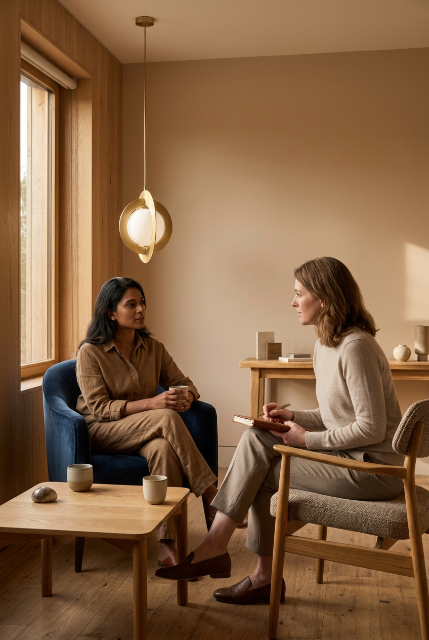Two women having a conversation in a cozy, well-lit room with wooden accents, one holding a mug and the other taking notes, seated in comfortable chairs around a small wooden table with cups and decor.