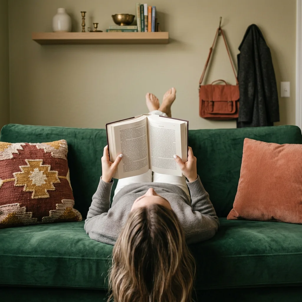 Person lounging on a green sofa, reading a book, with feet up on the wall. The sofa has decorative pillows, and in the background, there are shelves with books and decorative items, along with a coat rack with a purse and coat hanging.