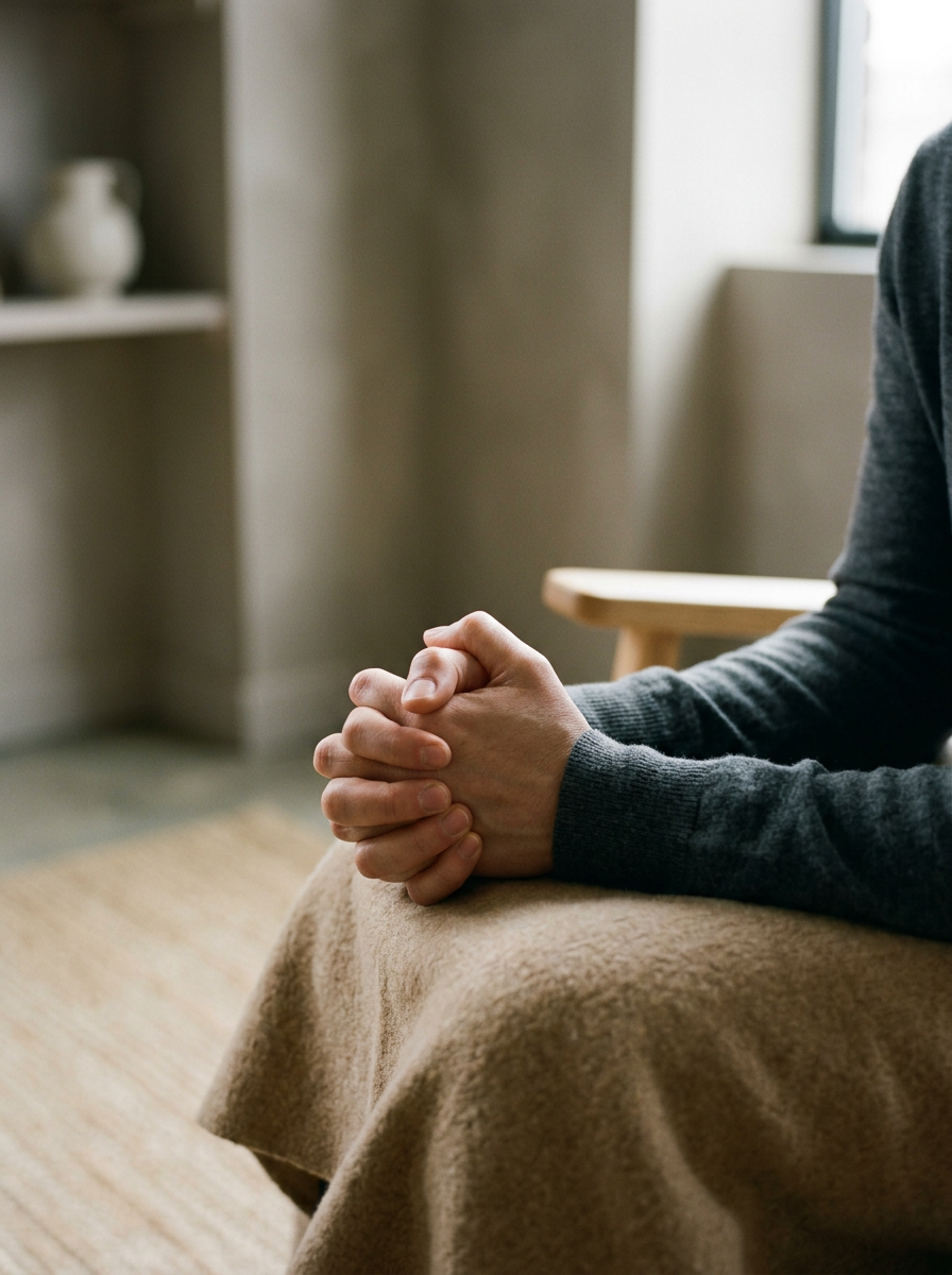 Close-up of person with hands clasped, sitting in a cozy room with neutral decor and natural lighting.