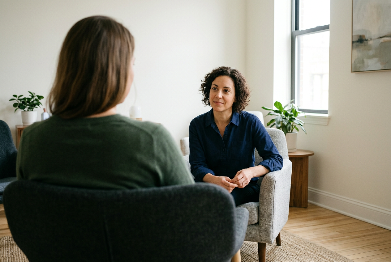 Two women having a conversation in a well-lit room with large window, potted plants, and artwork on the wall.