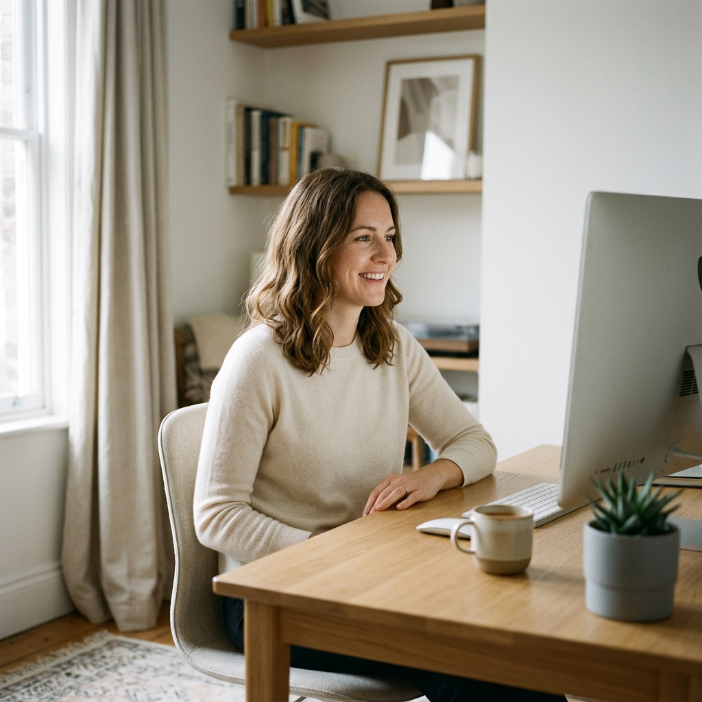 A woman with shoulder-length wavy brown hair smiling while working on a computer in a cozy, well-lit home office.