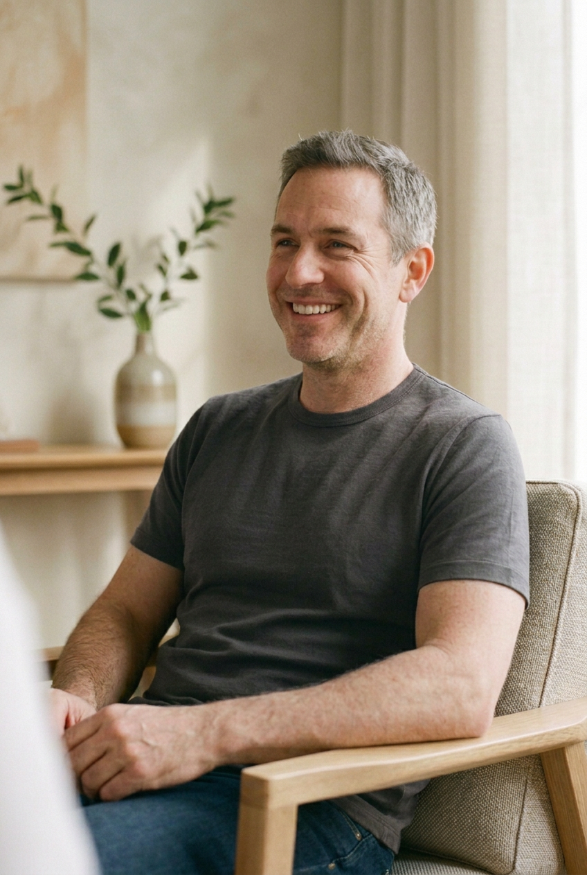 A smiling man with gray hair sitting in a beige armchair, indoors, with a potted plant and abstract artwork in the background.