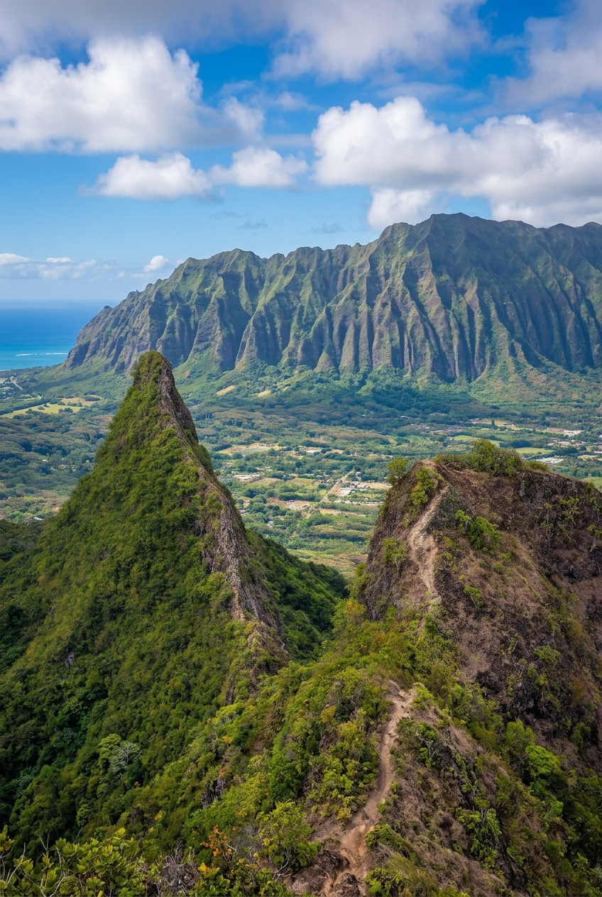 A scenic view of lush green volcanic mountains with a trail winding through them, under a partly cloudy sky, with the ocean visible in the distance.