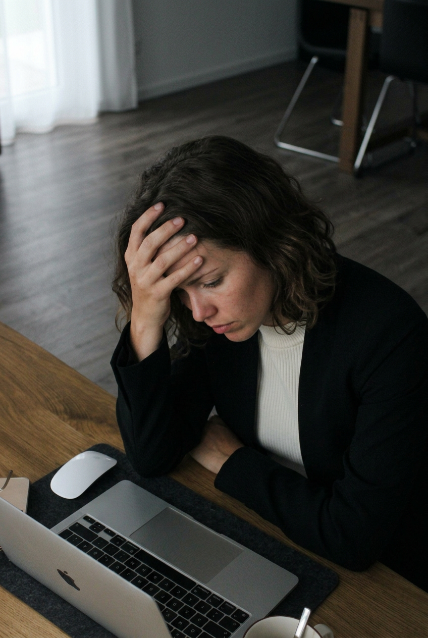 A woman sitting at a desk, holding her forehead in distress while looking down at her open laptop.