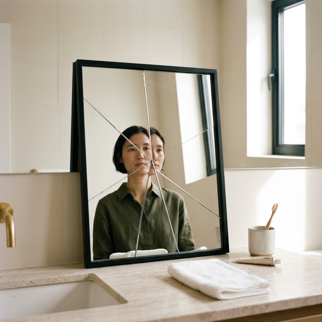 A woman is looking at her reflection in a mirror in a bathroom, with a window providing natural light. The mirror has several strings tied across it. On the countertop, there is a folded towel, a toothbrush in a cup, and some toiletries.