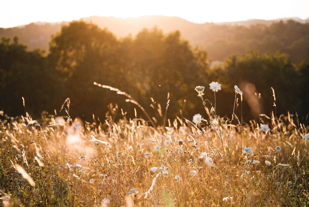 A field of wildflowers and tall grasses illuminated by the setting sun in the background.