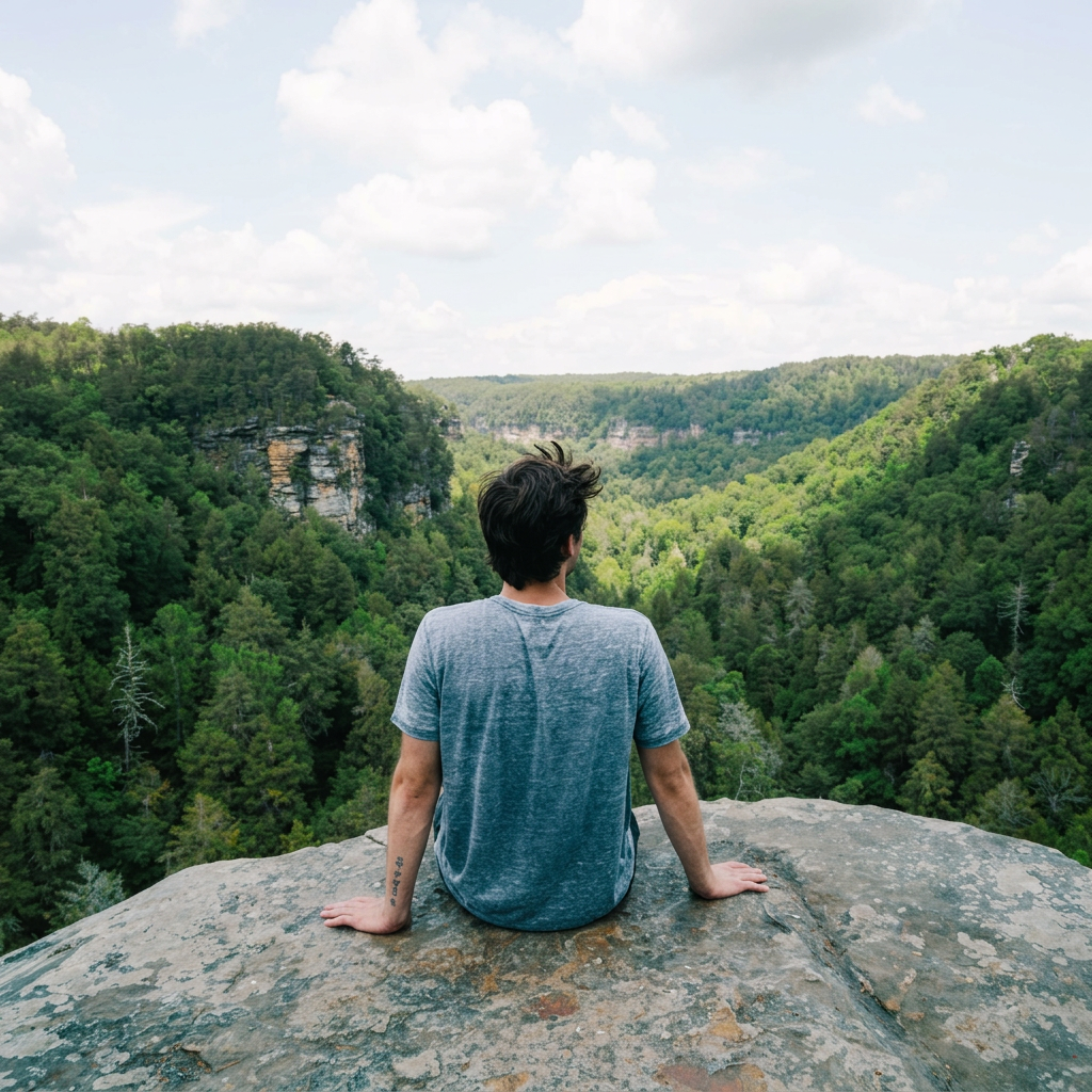 A person sitting on a rocky ledge overlooking a lush green forested valley.