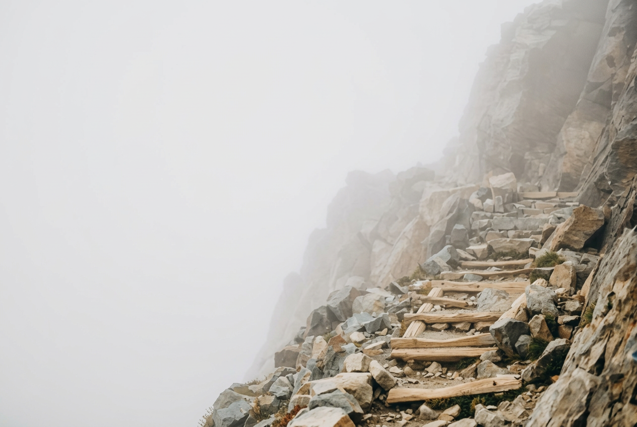 Rocky mountain trail with rugged wooden steps on a steep, foggy slope.