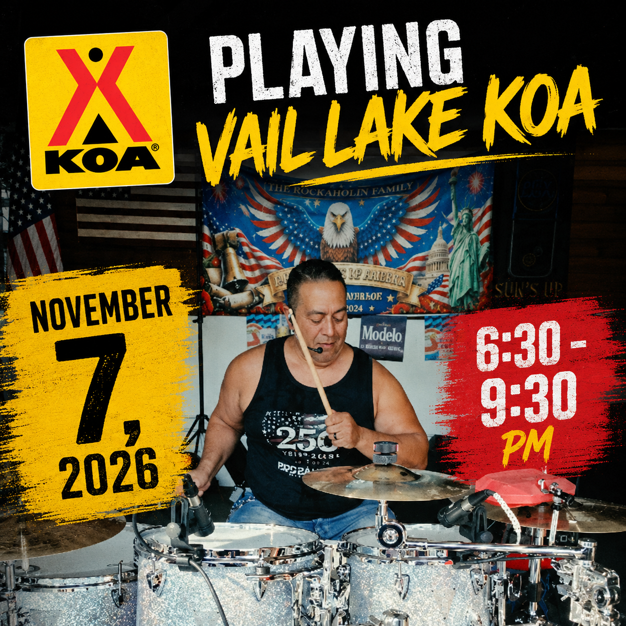 A man playing drums at an event, with a banner in the background that reads 'Vail Lake KOA' and promotional info for November 7, 2026, from 6:30 to 9:30 PM.
