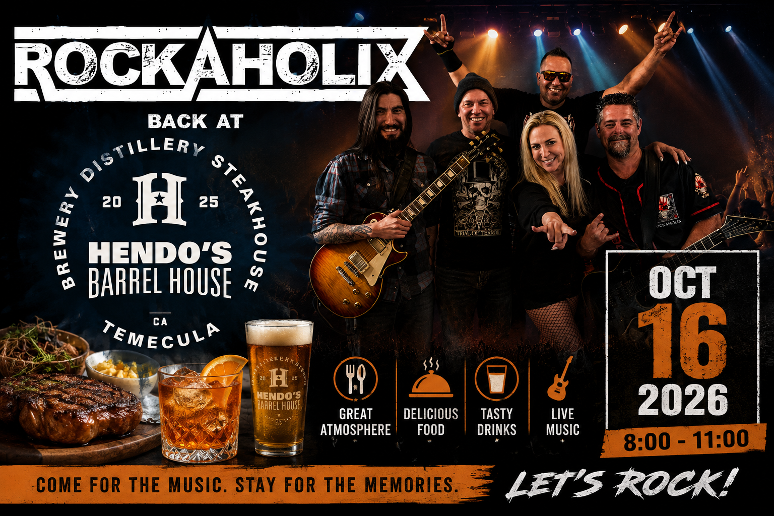 Poster for a live music event at Hendo's Barrel House in Temecula, California, on October 16, 2026, from 8:00 to 11:00 AM. The poster features a photo of a band with five members, including guitarists and a vocalist, in front of stage lighting. The poster highlights features such as great atmosphere, delicious food, tasty drinks, and live music, with icons representing each. It also shows food, drinks, and a beer glass with the venue's logo.