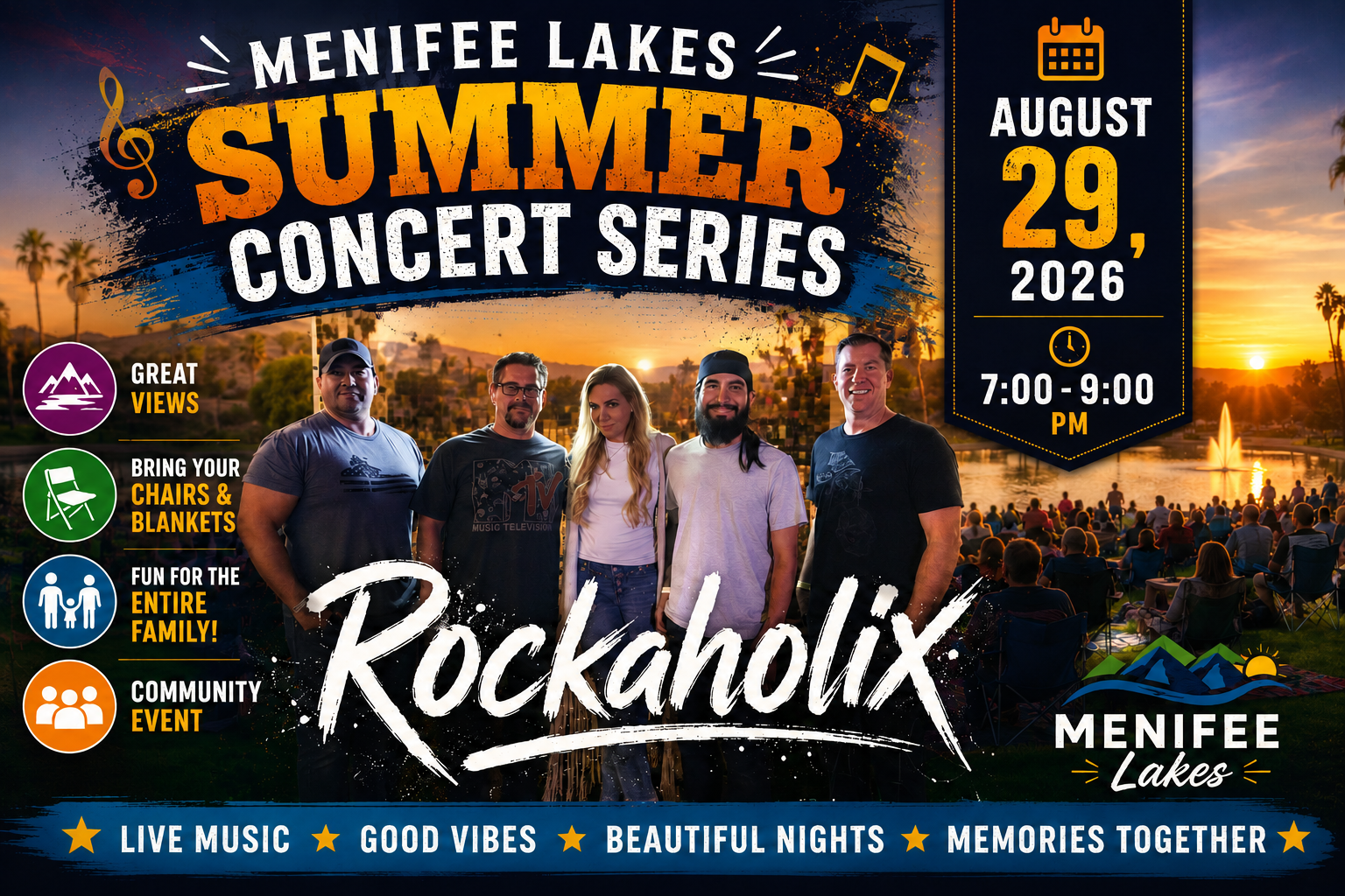Poster for Menifee Lakes Summer Concert Series featuring RockhOLIX, scheduled for August 29, 2026, from 7:00 to 9:00 PM. The poster shows a sunset over a lake with audience members watching a fountain display. It highlights features like great views, bringing chairs and blankets, fun for the entire family, and a community event. It mentions live music, good vibes, beautiful nights, and memories together.