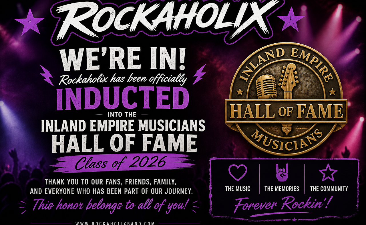 A celebration announcement for Rockaholix class of 2026, inducting them into the Inland Empire Musicians Hall of Fame, with a background of a concert crowd and stage lights, featuring purple and black colors, and symbols representing music, memories, and community.
