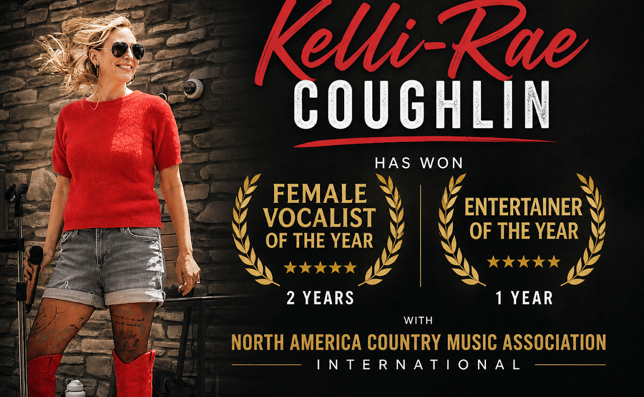 A woman smiling outdoors, wearing sunglasses, a red sweater, and denim shorts, standing in front of a stone wall. To the right is text announcing Kelli-Rae Coughlin's awards, including Female Vocalist of the Year and Entertainer of the Year, with a mention of North America Country Music Association International.