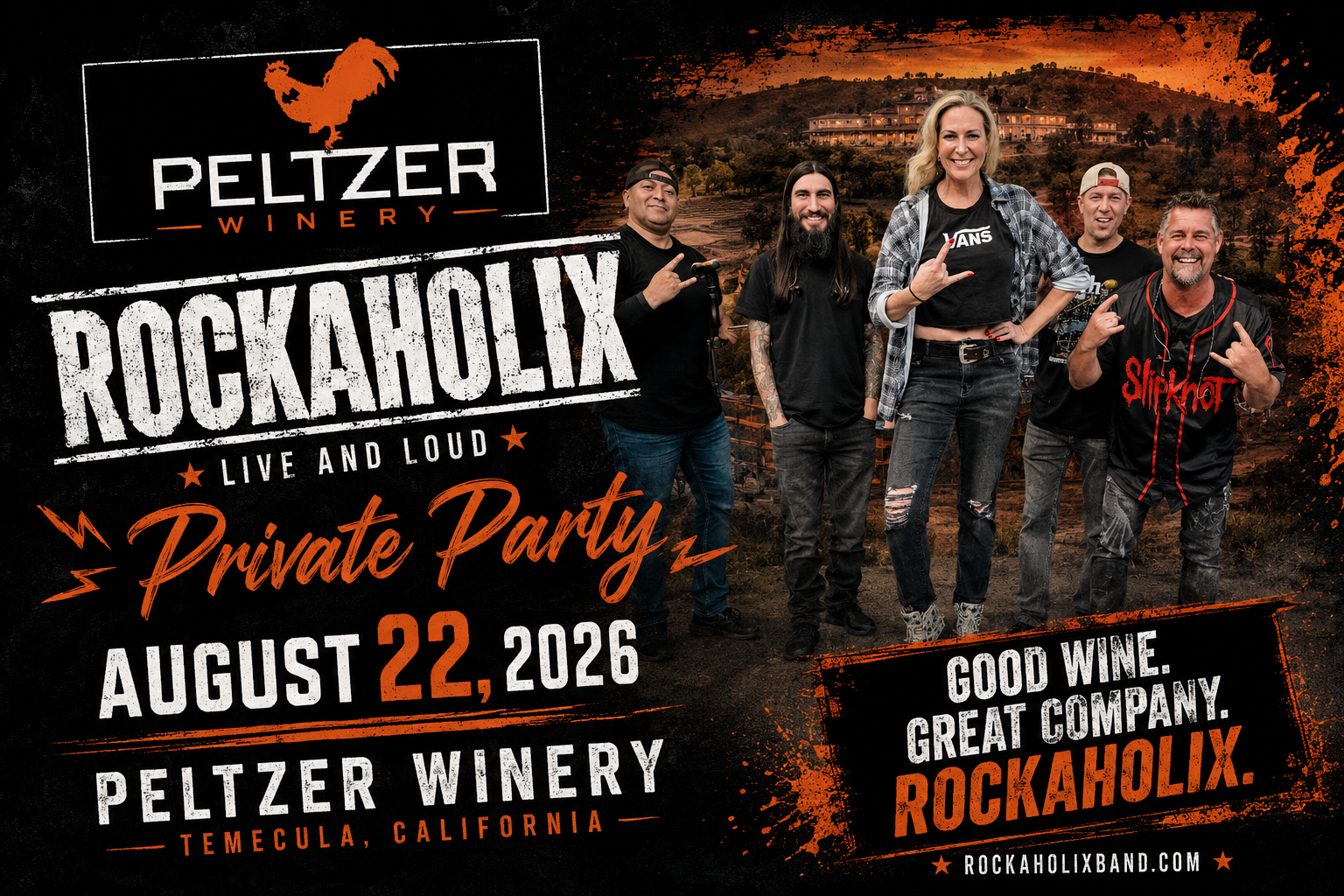 Event poster for Peltzer Winery's RockAholix music festival, featuring a group of five people posing in front of a scenic hillside at sunset, with text promoting the event on August 22, 2026, in Temecula, California.
