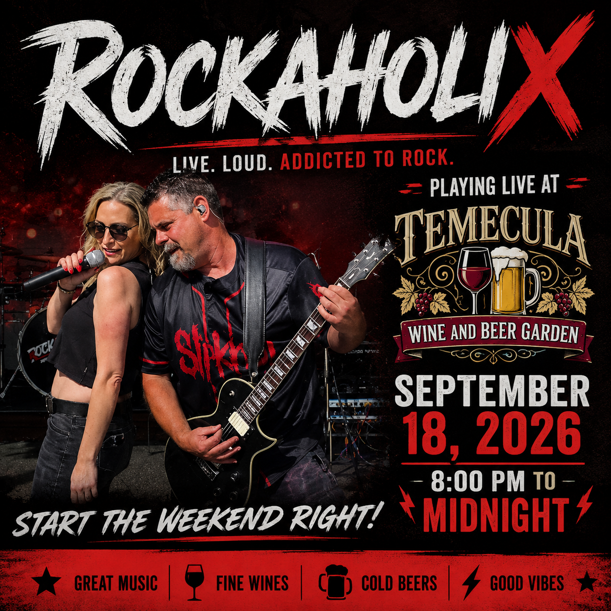 Event poster for RockaHolix live music event at Temecula Wine and Beer Garden on September 18, 2026, from 8:00 PM to midnight, featuring a photo of a woman singing into a microphone and a man playing electric guitar, with themed icons for music, wine, beer, cold drinks, and good vibes.