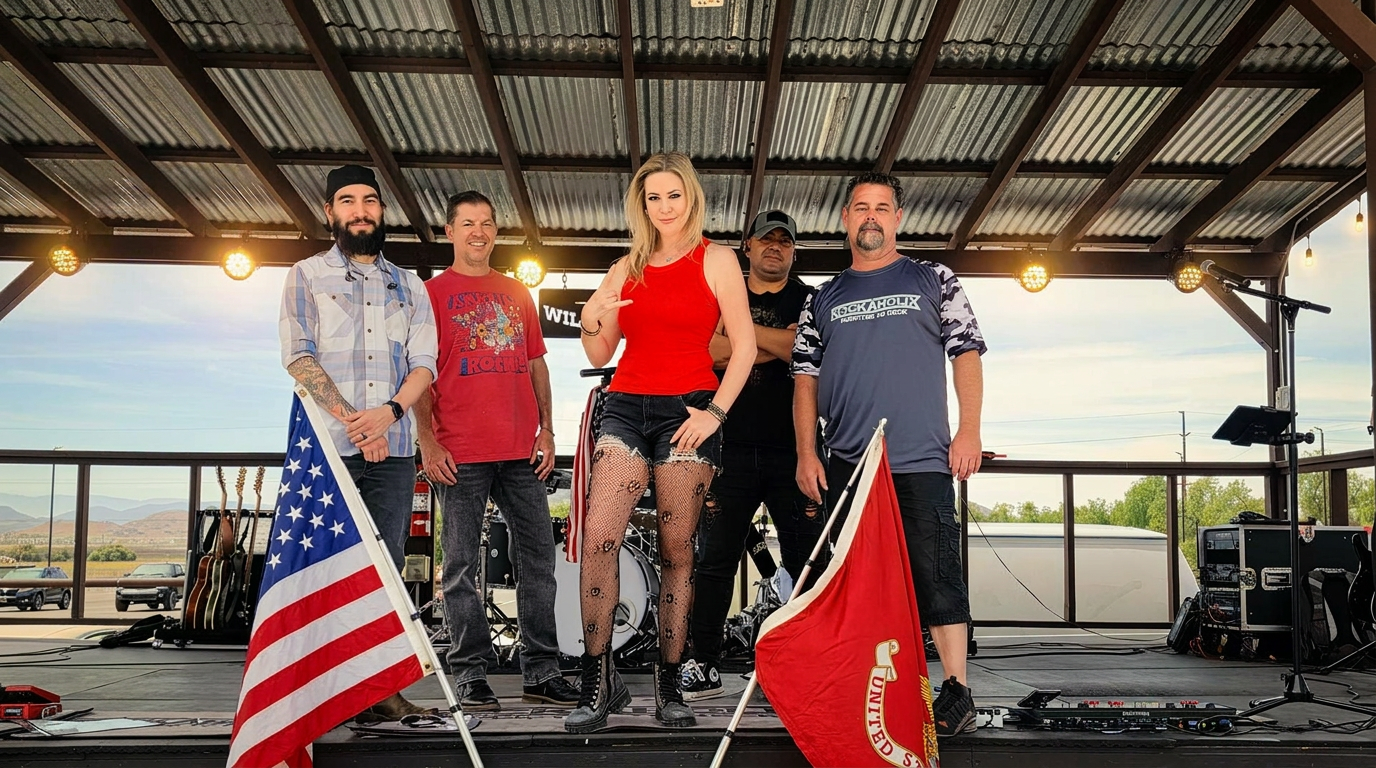 Five people standing on a stage outdoors, two flags in front: the American flag and a red flag with a gold emblem. The stage has musical equipment, and the sky is overcast in the background.