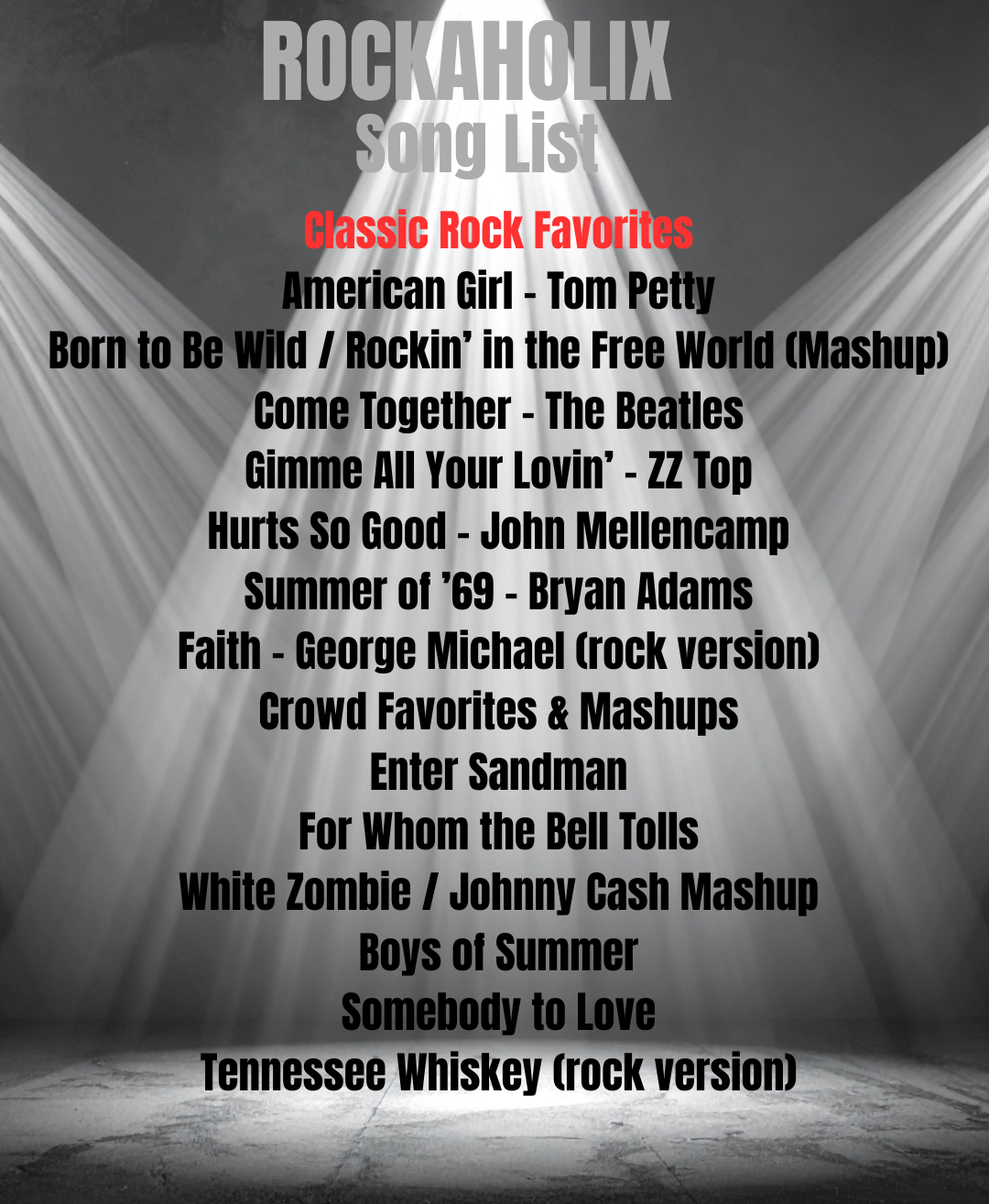 Rock for LiX song list with classic rock favorites including songs by Tom Petty, The Beatles, ZZ Top, John Mellencamp, Bryan Adams, George Michael, Johnny Cash, and others, listed on a grey background with spotlights.