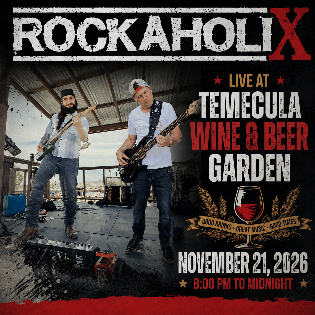 Photograph of a band performing live on an outdoor stage at the Temecula Wine and Beer Garden with promotional text for the event on the right, including event date, time, and features.