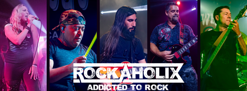Five musicians performing on stage with colorful lights, with a logo that says 'ROCKAHOLIX' and the text 'Addicted to Rock'.
