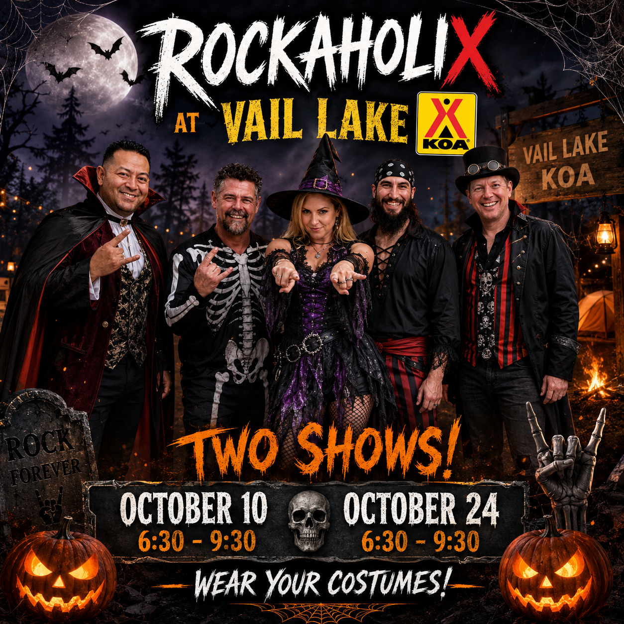 A Halloween event poster for Rockaholix at Vail Lake KOA featuring five people dressed in Halloween costumes, with a spooky background including a full moon, bats, spiders, and carved pumpkins. The event offers two shows on October 10 and October 24 from 6:30 to 9:30 p.m., encouraging attendees to wear costumes.