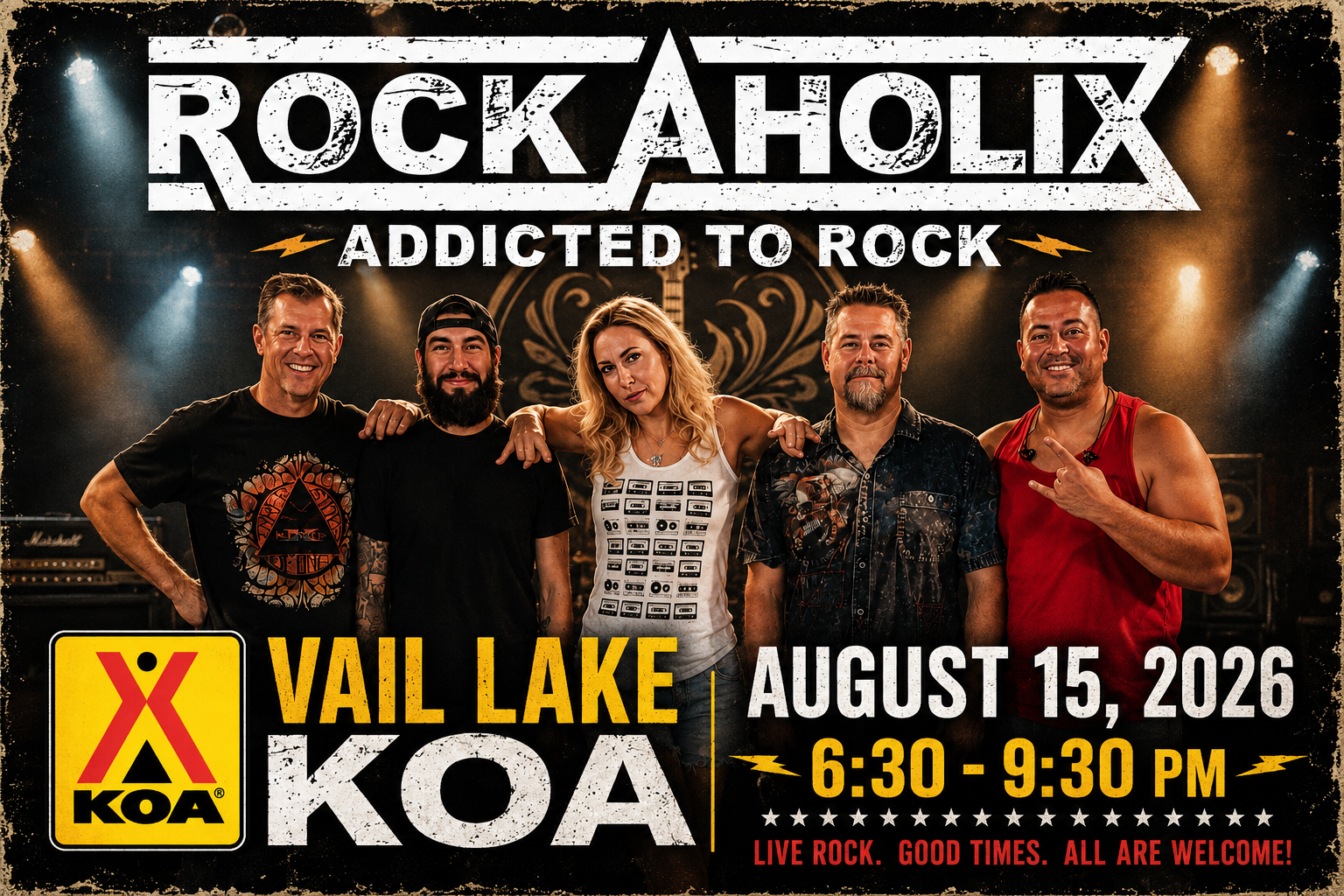 A promotional poster for a rock concert featuring the band KOA at Vail Lake on August 15, 2026, from 6:30 to 9:30 PM. The poster shows five band members standing under stage lights with a dark background, and includes event details and the KOA logo.
