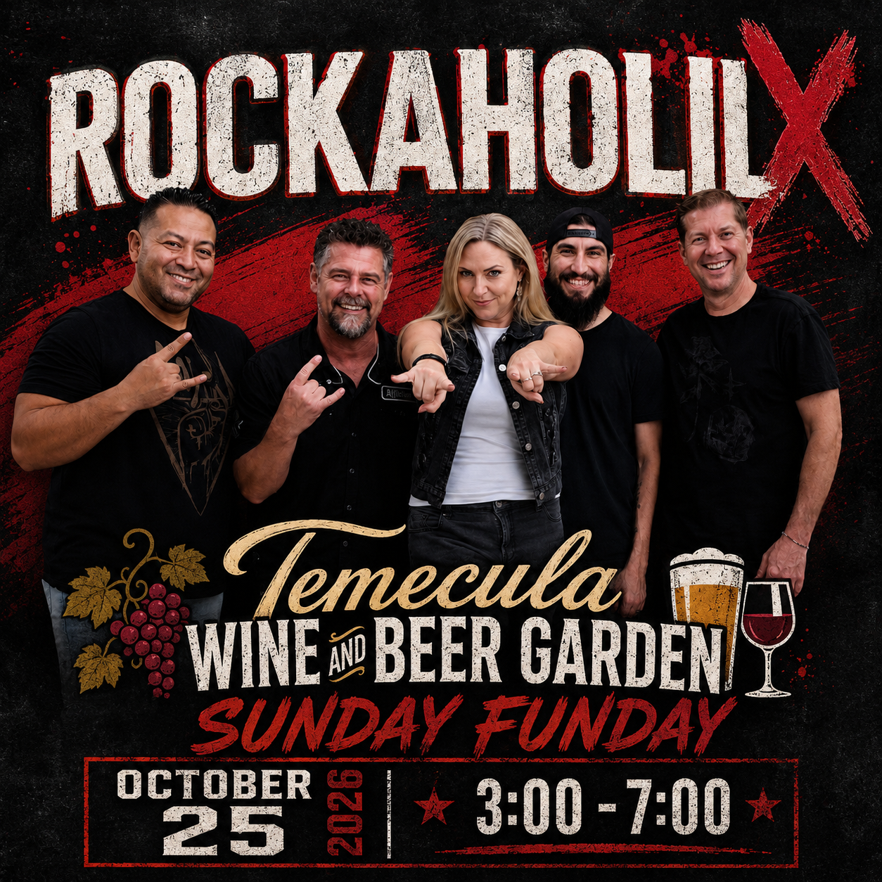 Poster for Rockaholic Temecula Wine and Beer Garden Sunday Funday event featuring five smiling people, with details about the date October 25, 2023, time 3:00 to 7:00 PM, and graphics of a wine glass, beer mug, grapevine, and splashes of red and black background.